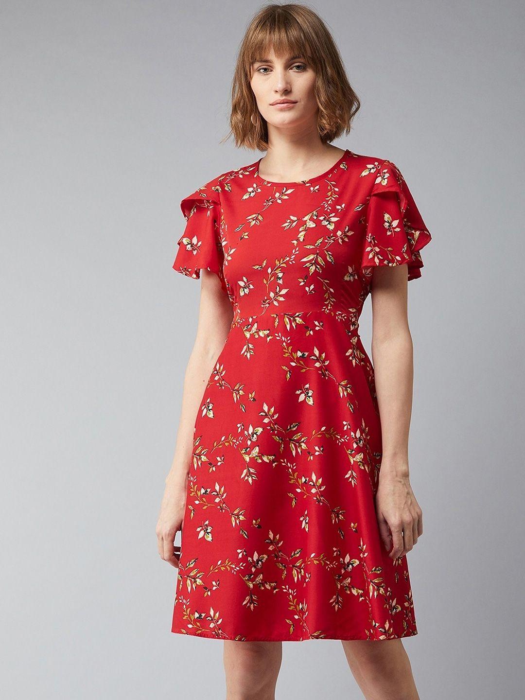 baesd red floral print bell sleeve crepe a-line dress