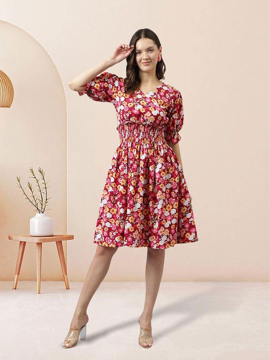 baesd red floral print puff sleeve crepe fit & flare dress