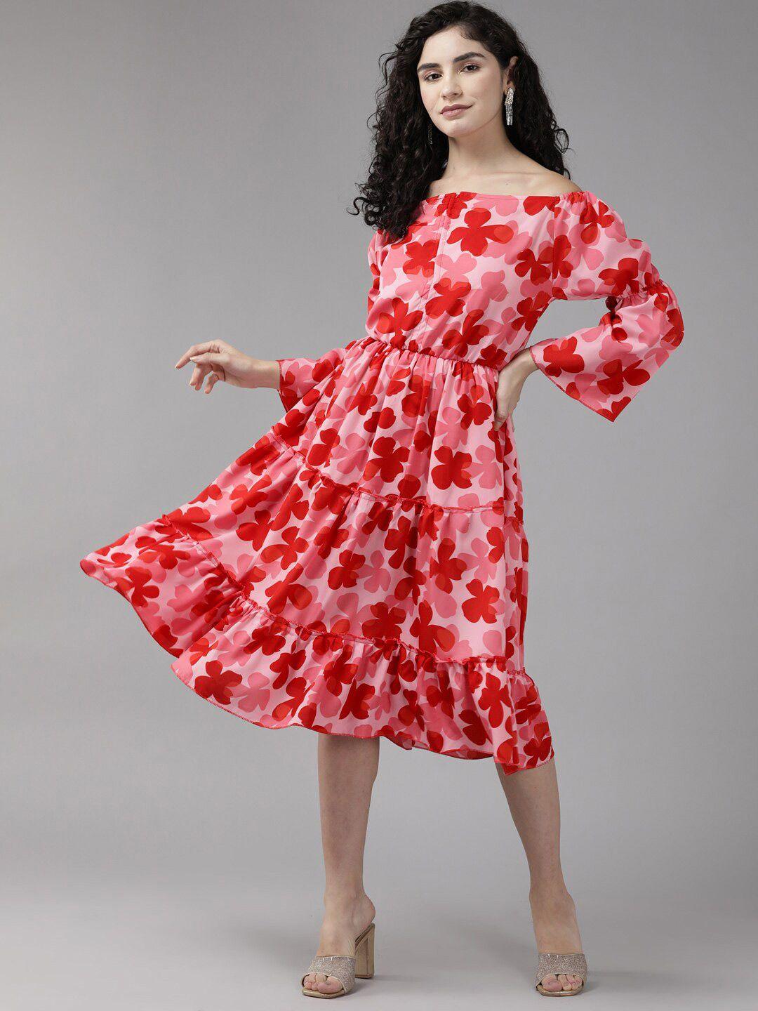 baesd red floral print puff sleeve georgette fit & flare midi dress