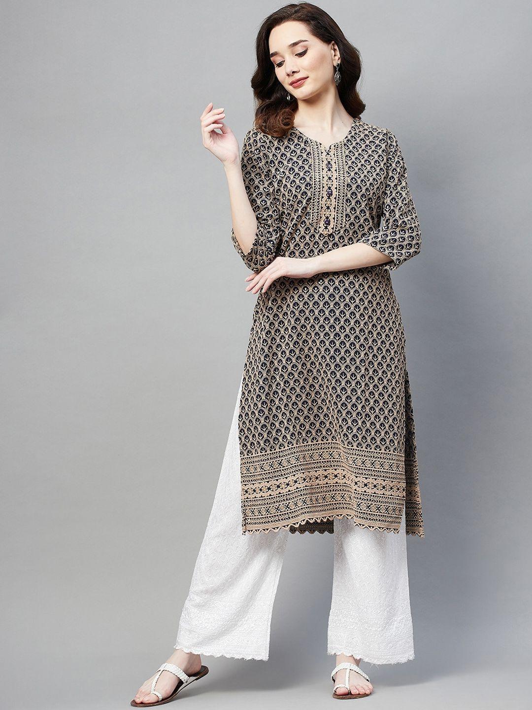baesd round neck ethnic motif printed a-line cotton kurta