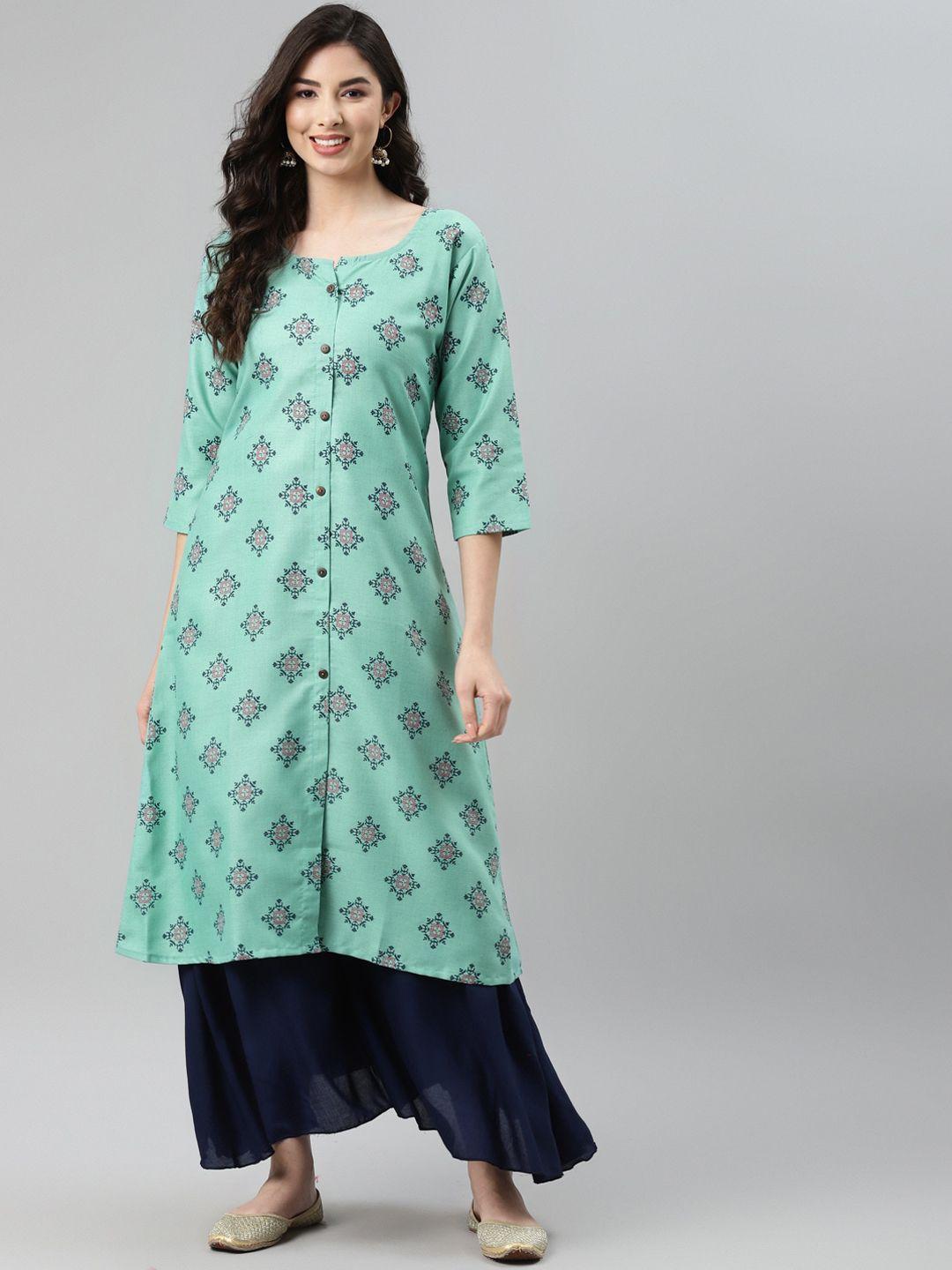 baesd round neck ethnic motif printed a-line cotton kurta