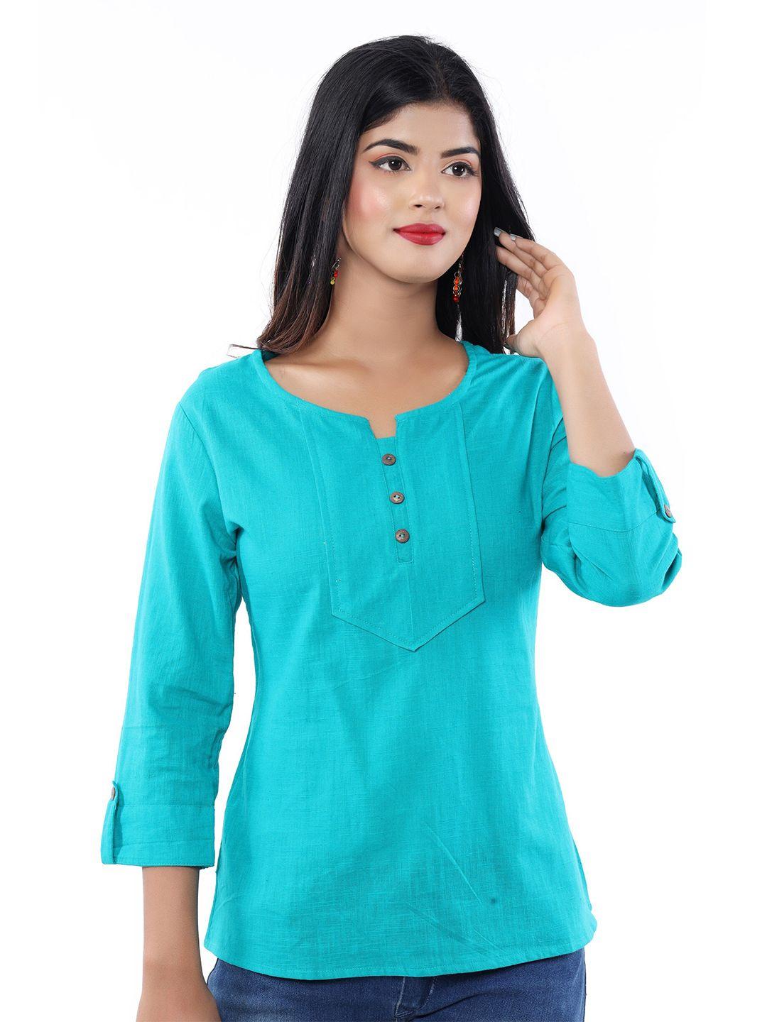baesd round notched neck roll-up sleeves cotton ethnic top