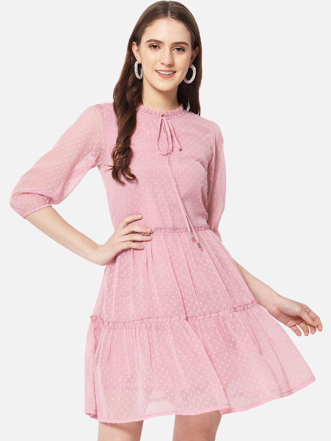 baesd self design tie-up neck puff sleeves pleated fit & flare dress