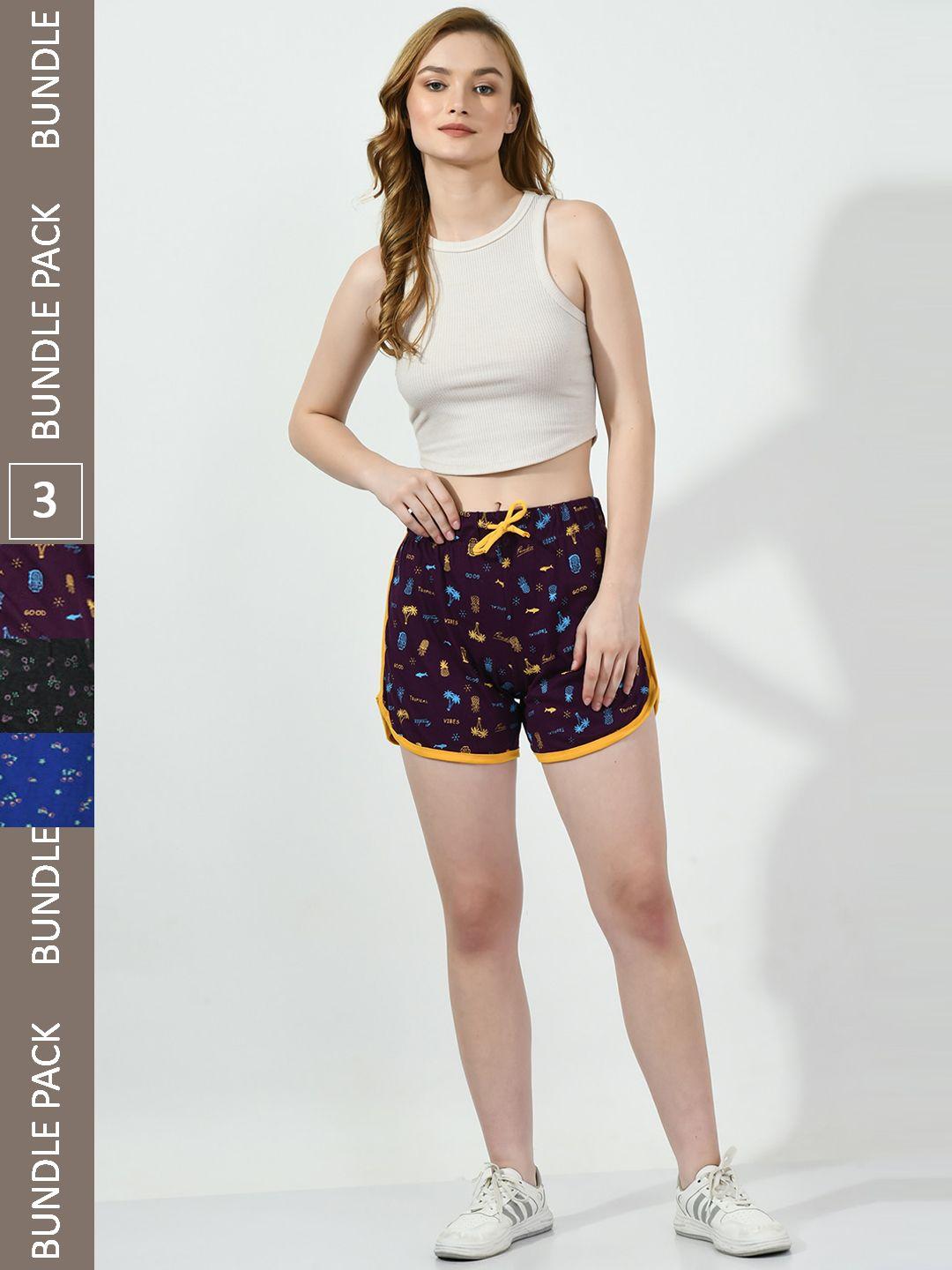 baesd set of 3 printed high-rise pure cotton shorts