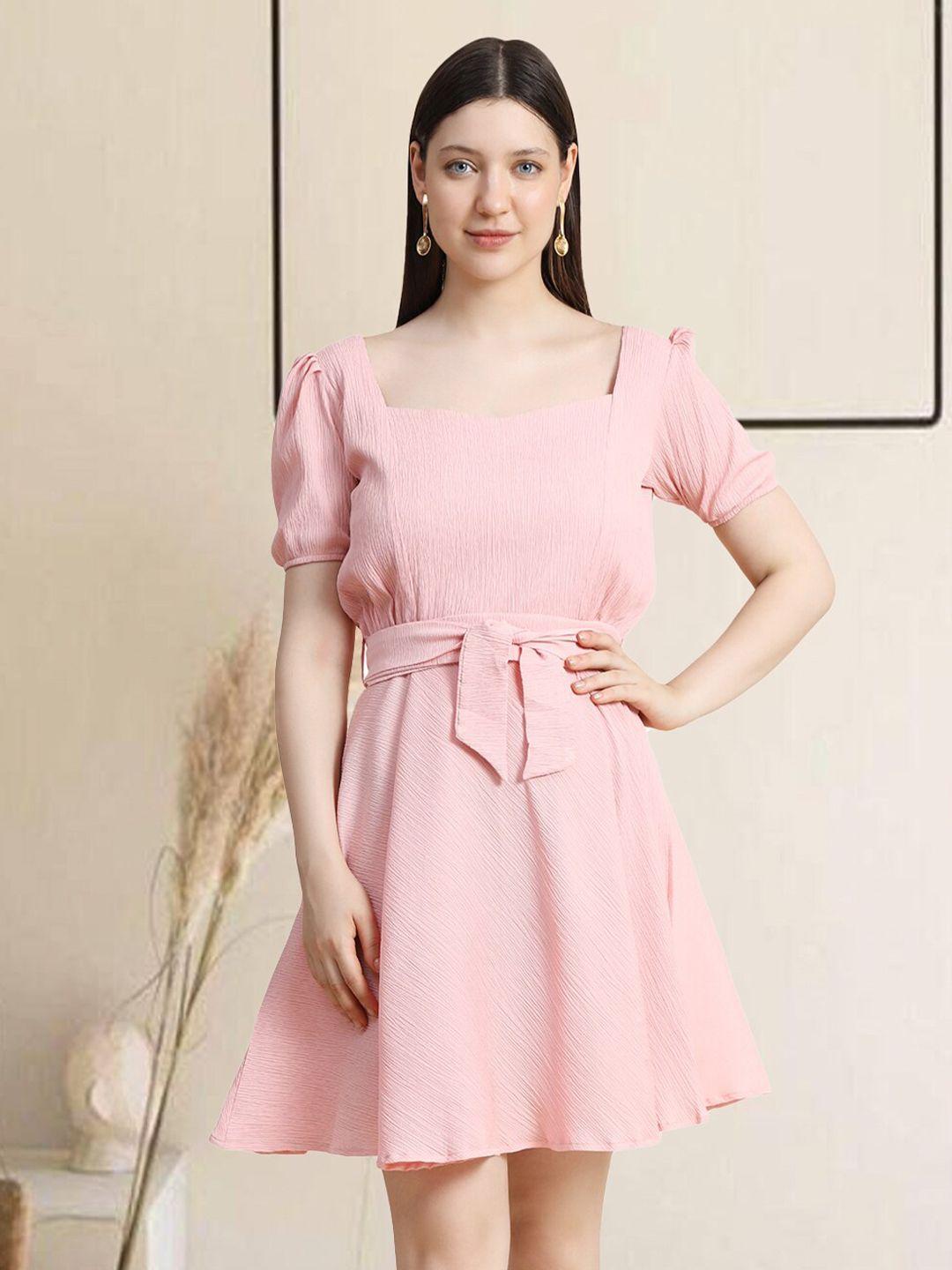 baesd square neck puff sleeves fit & flare dress with belt