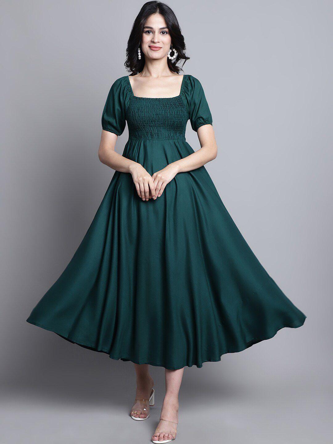 baesd square neck puff sleeves smocked fit & flare midi dress