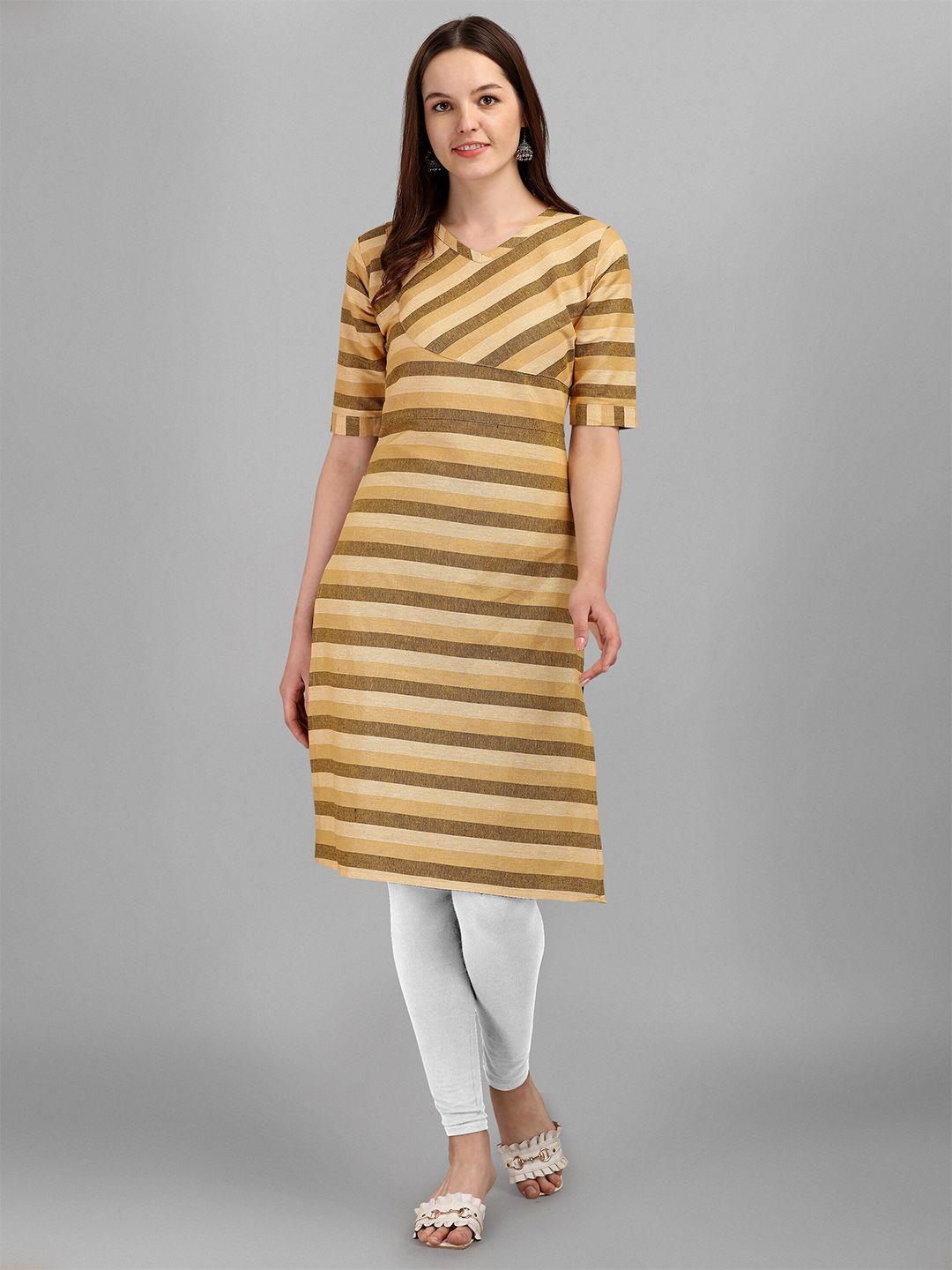 baesd striped cotton v-neck thread work khadi a-line kurta