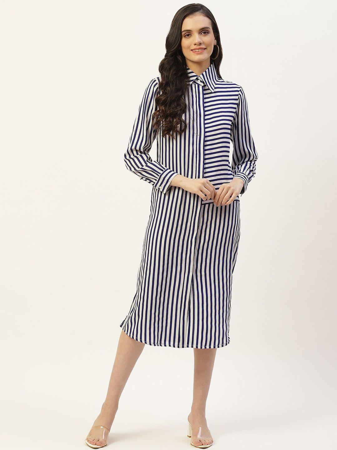 baesd striped cuffed sleeves shirt style midi dress