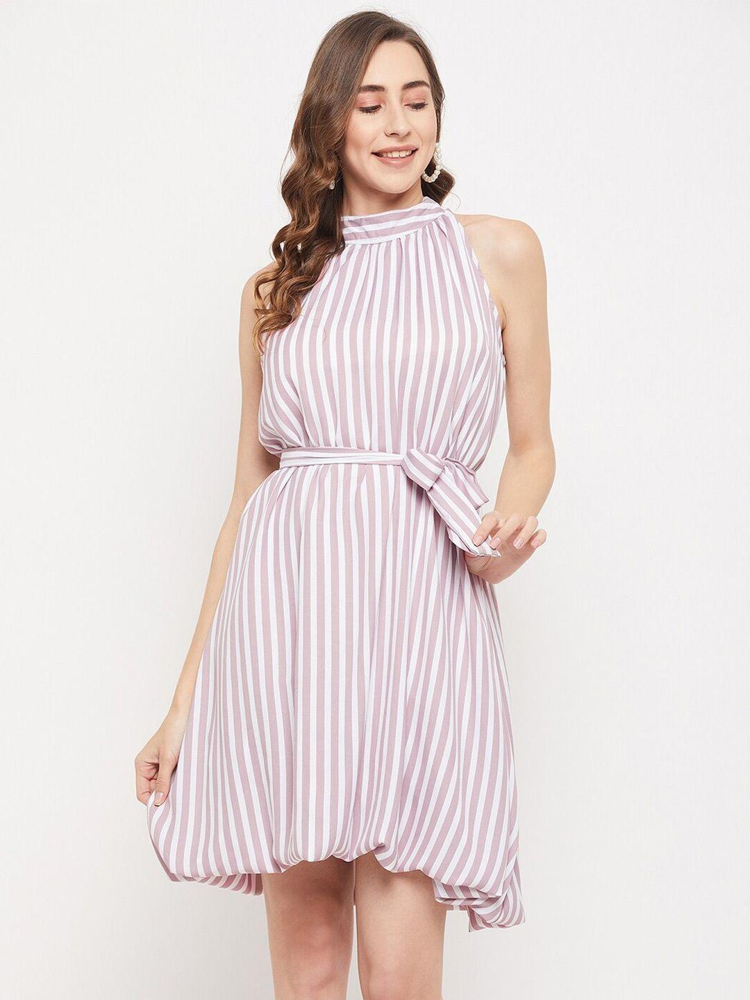 baesd striped halter neck georgette tie & up fit & flare dress