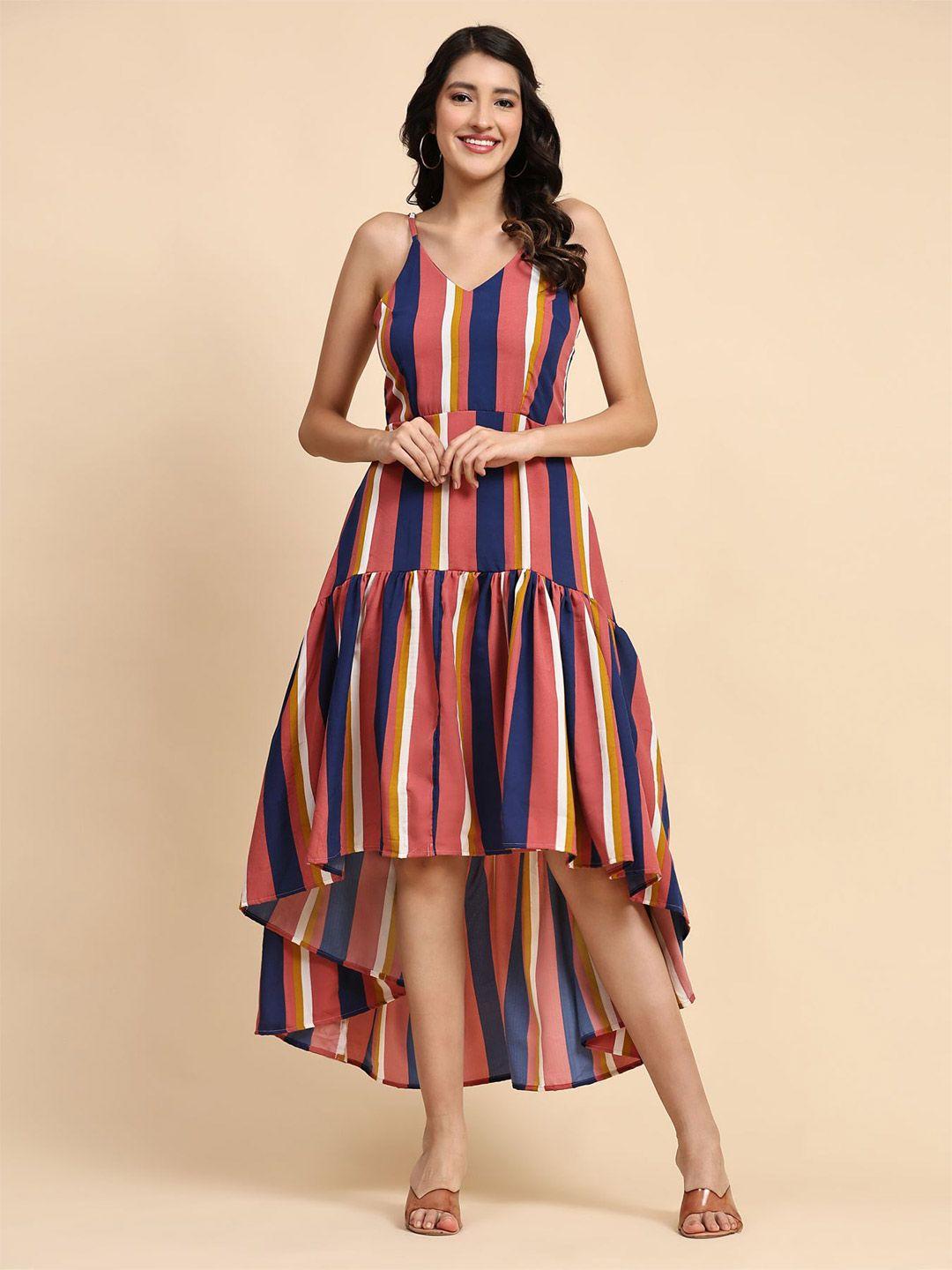 baesd striped midi a-line dress with high low hem