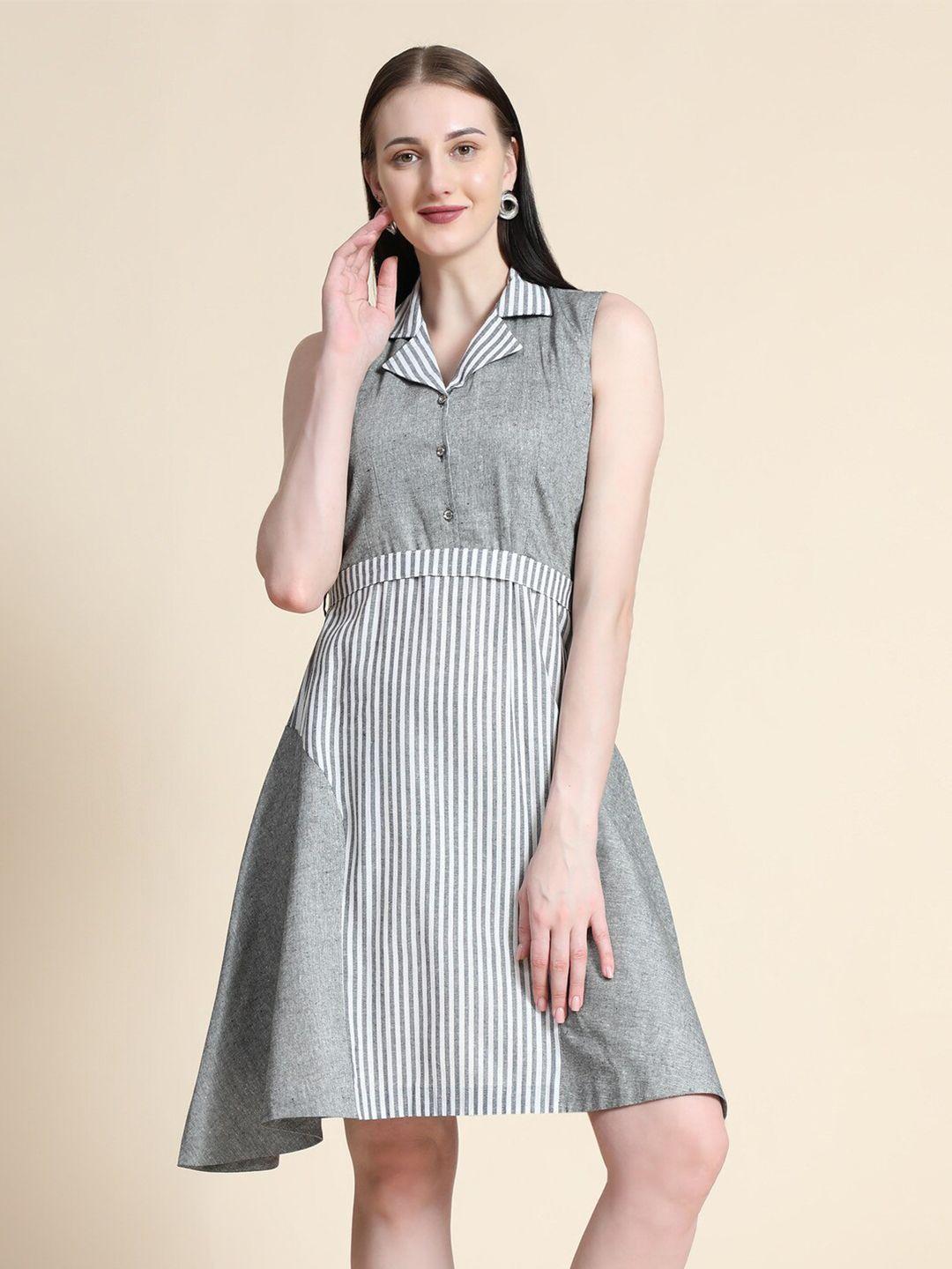 baesd striped shirt collar cotton a-line dress