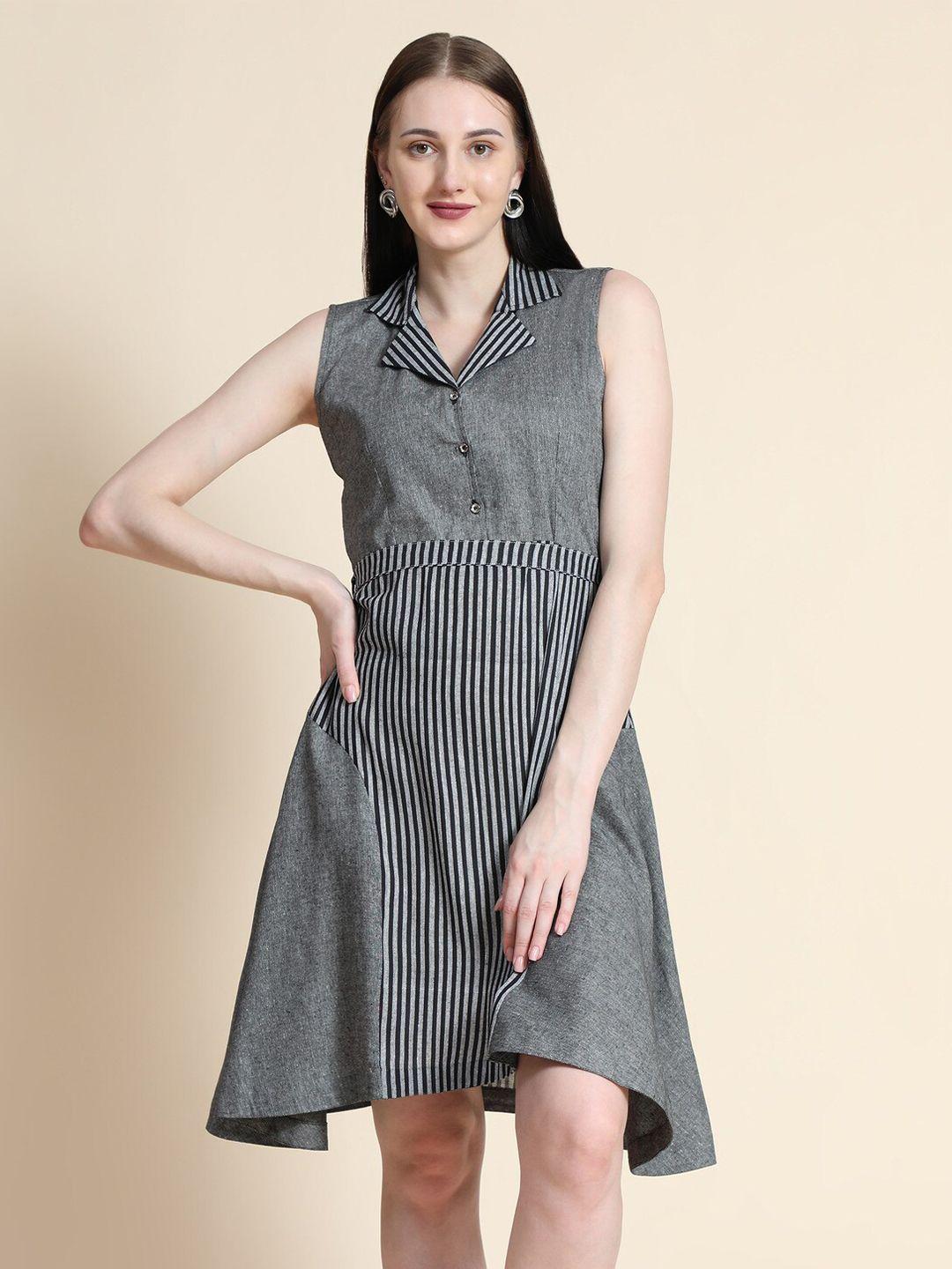 baesd striped shirt collar cotton a-line dress