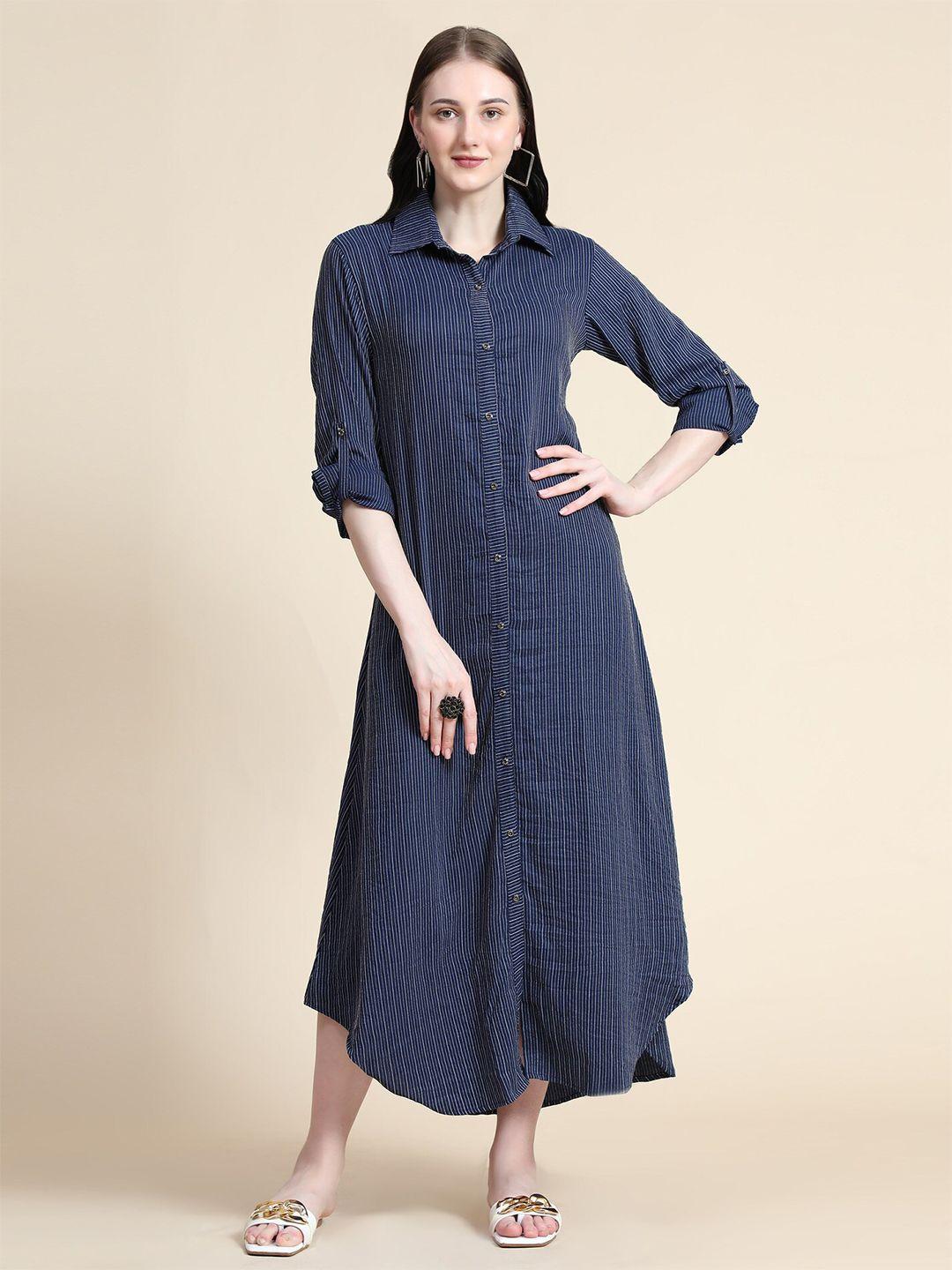 baesd striped shirt collar midi cotton shirt dress