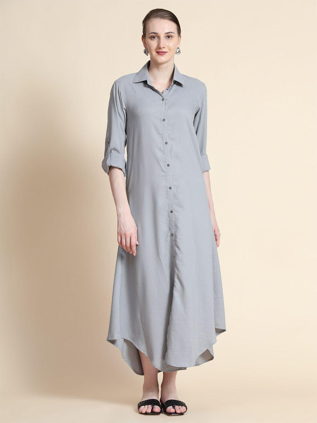 baesd striped shirt collar midi cotton shirt dress