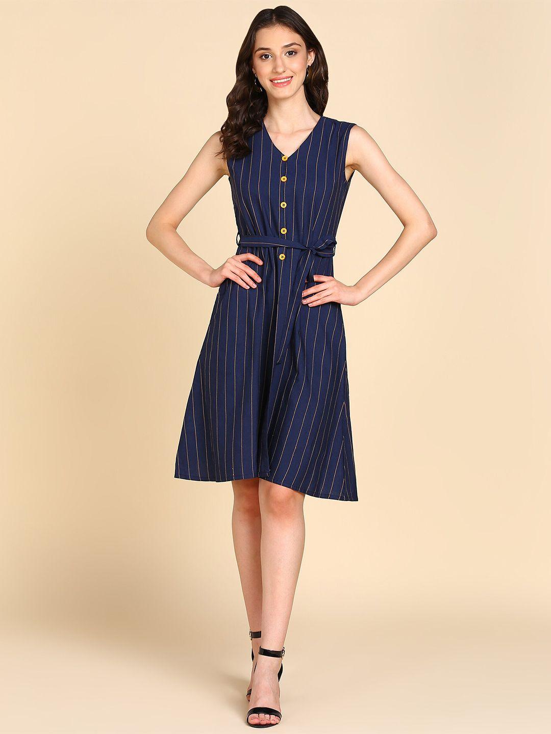baesd striped sleeveess crepe a-line dress
