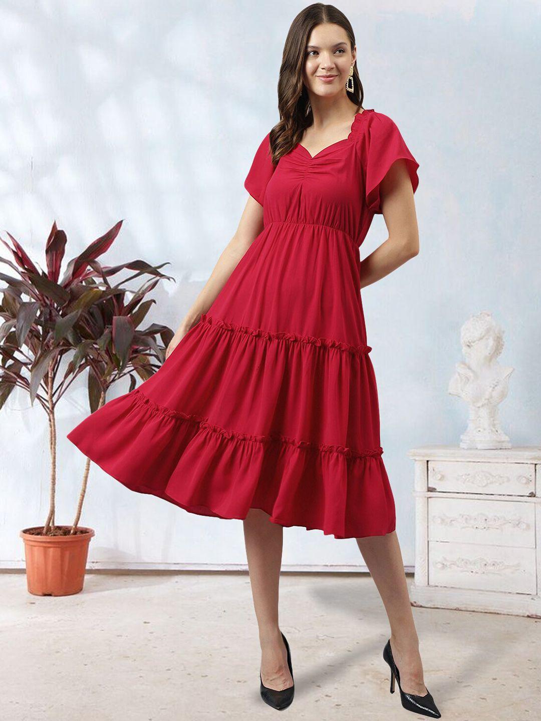 baesd sweetheart neck flared sleeve tiered gathered fit and flare midi dress