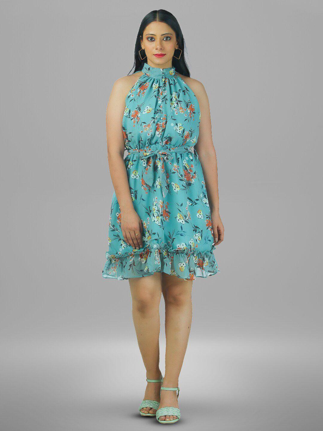 baesd teal floral print halter neck georgette fit & flare midi dress