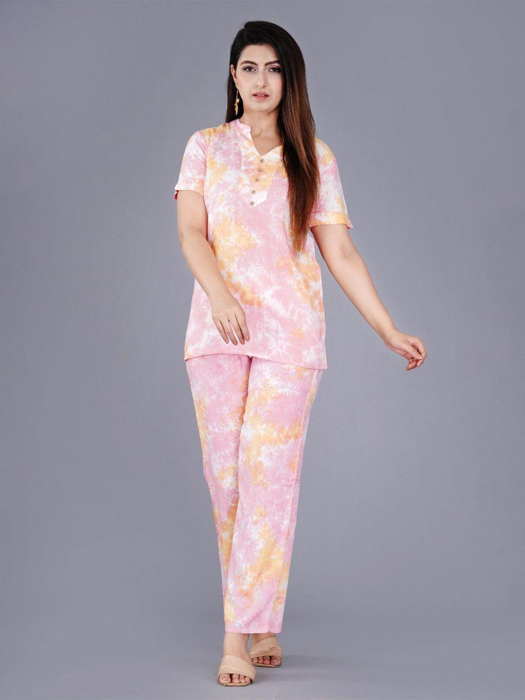 baesd tie & die printed pure cotton v-neck top with trousers co-ords