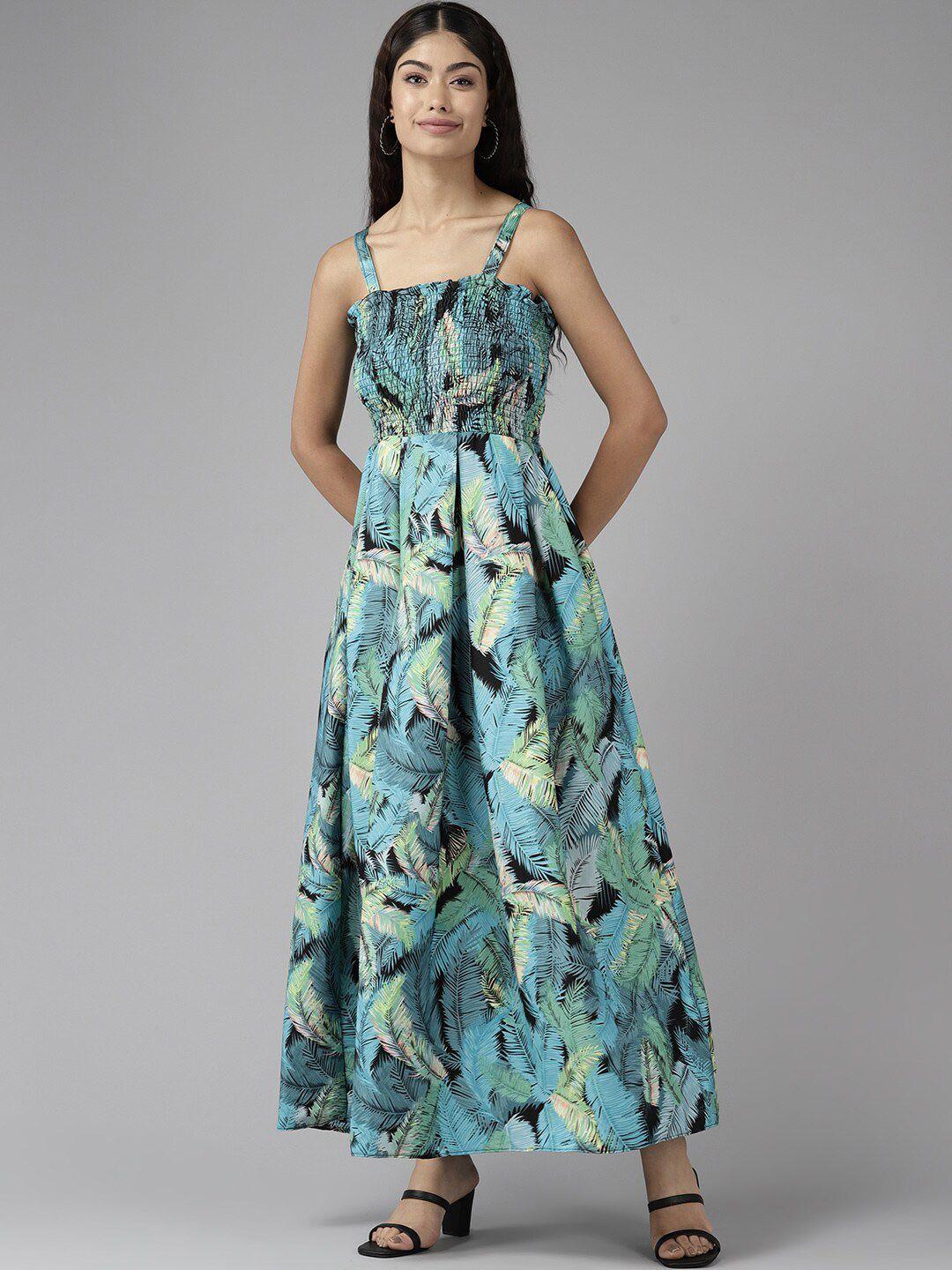 baesd tropical printed shoulder straps smocked maxi dress