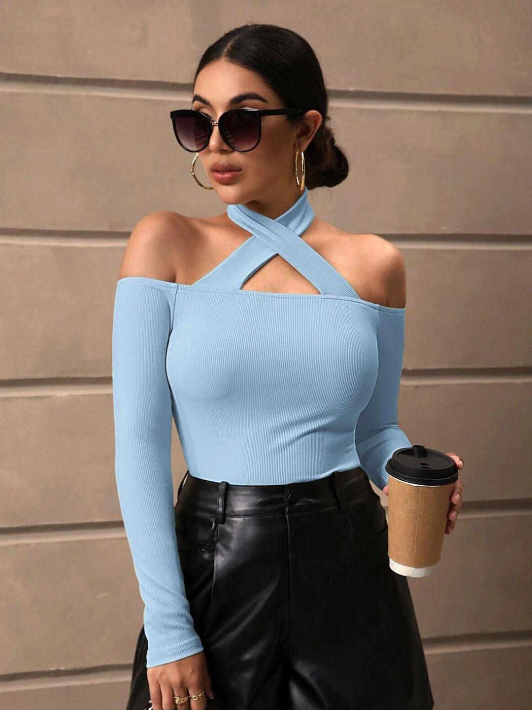 baesd turquoise blue cold-shoulder sheen top