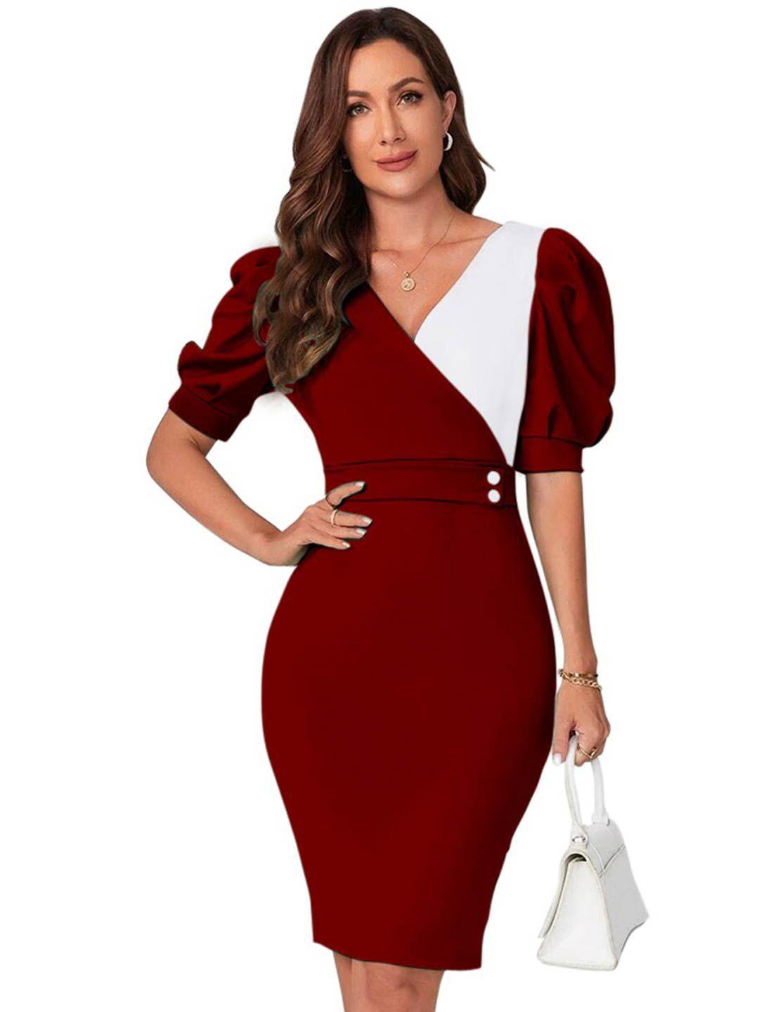 baesd v-neck puff sleeve knee length bodycon dress