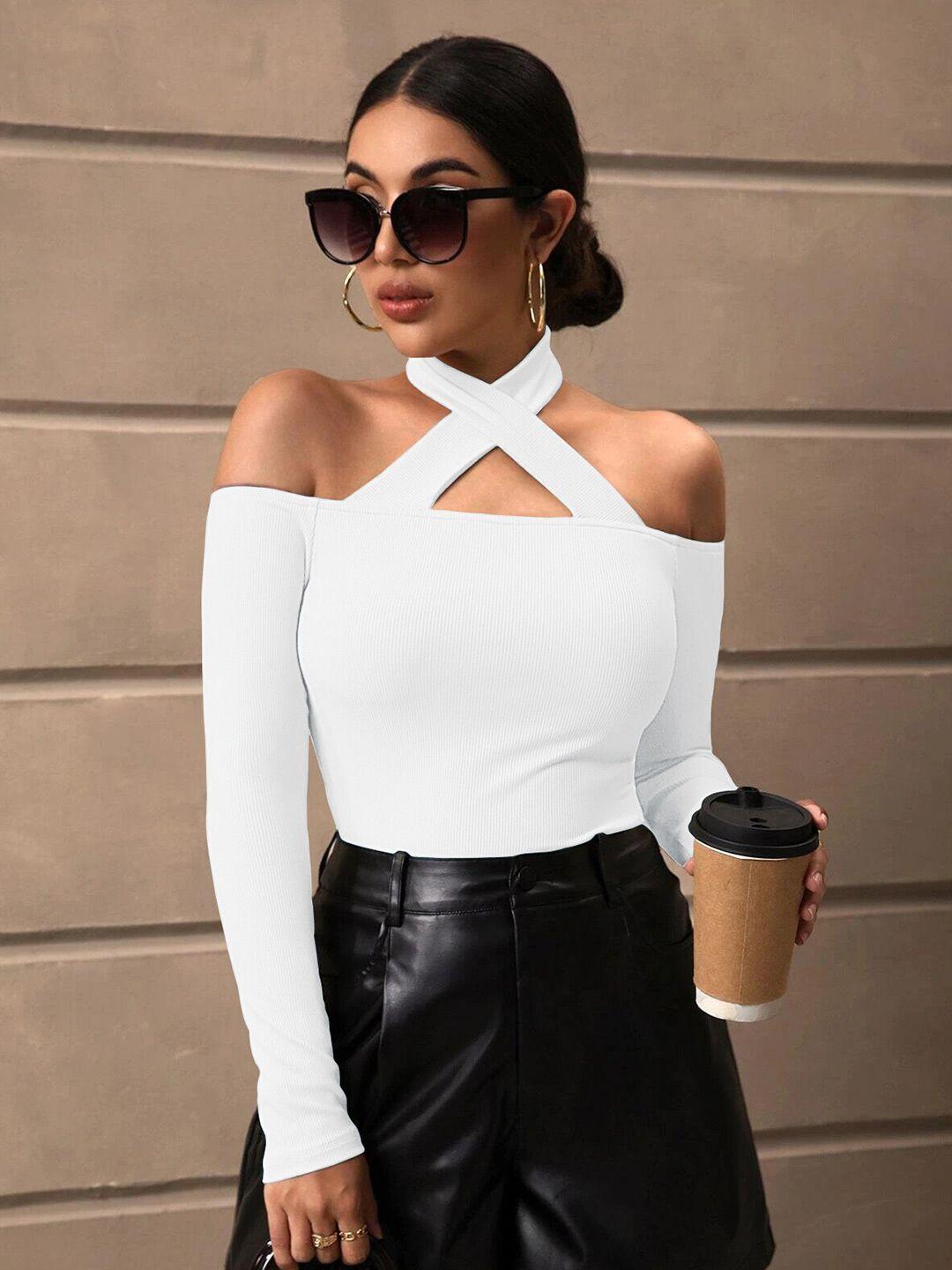 baesd white cold-shoulder sheen top