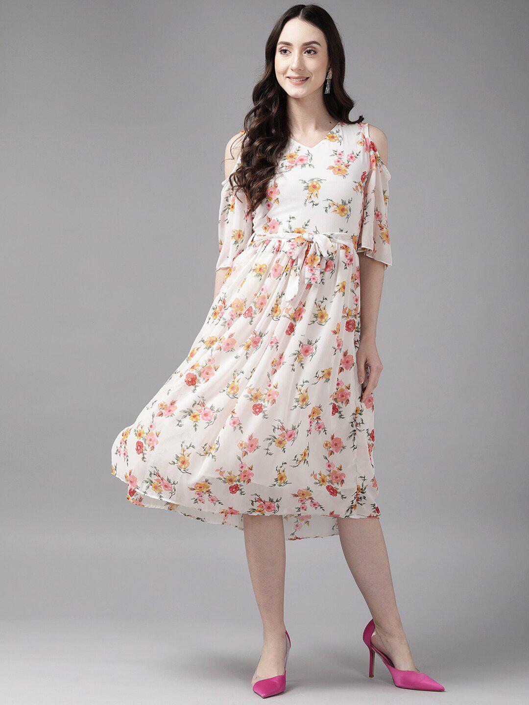 baesd white floral print georgette a-line dress