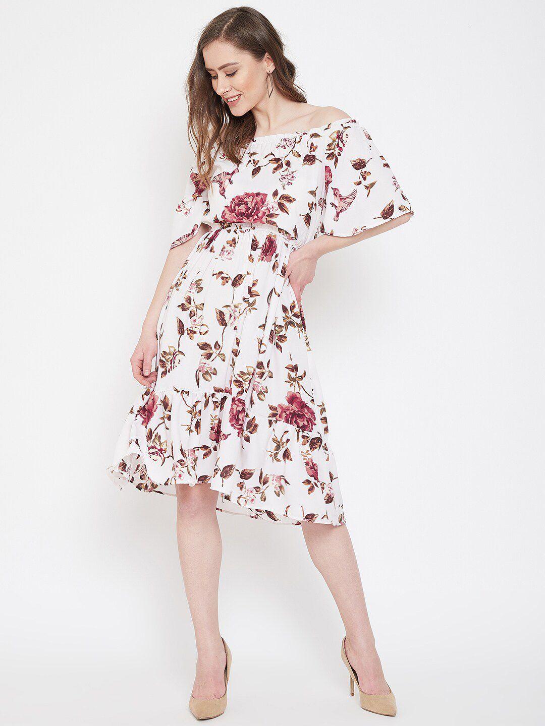 baesd white floral print off-shoulder georgette fit & flare dress