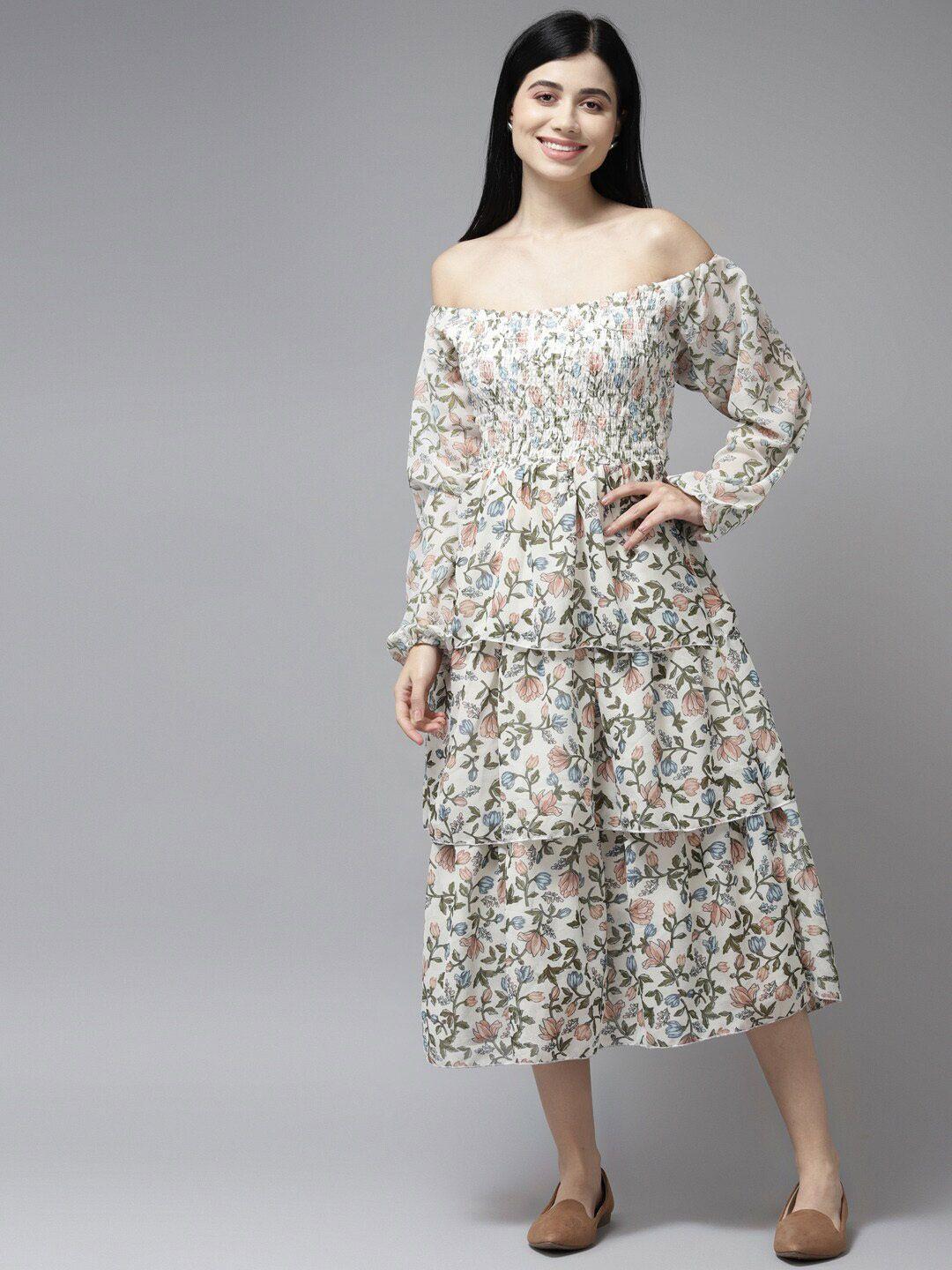 baesd white floral print off-shoulder puff sleeve georgette a-line midi dress