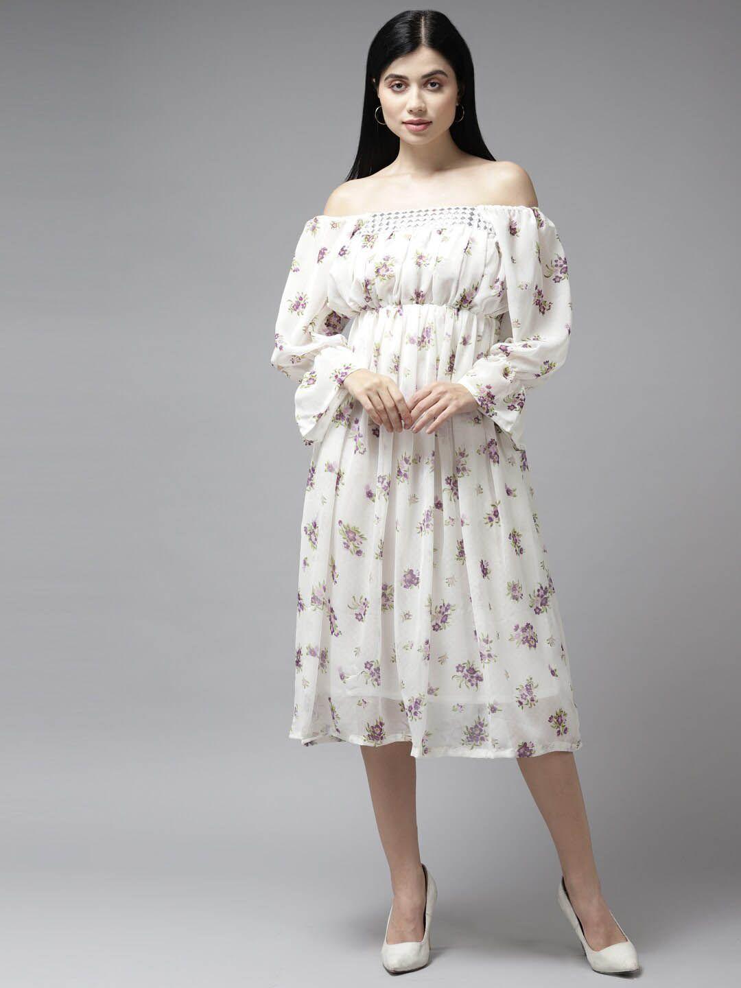 baesd white floral print off-shoulder puff sleeve georgette empire midi dress