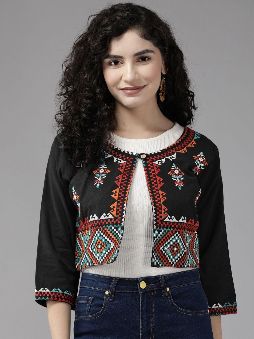 baesd women black crop open front jacket with embroidered