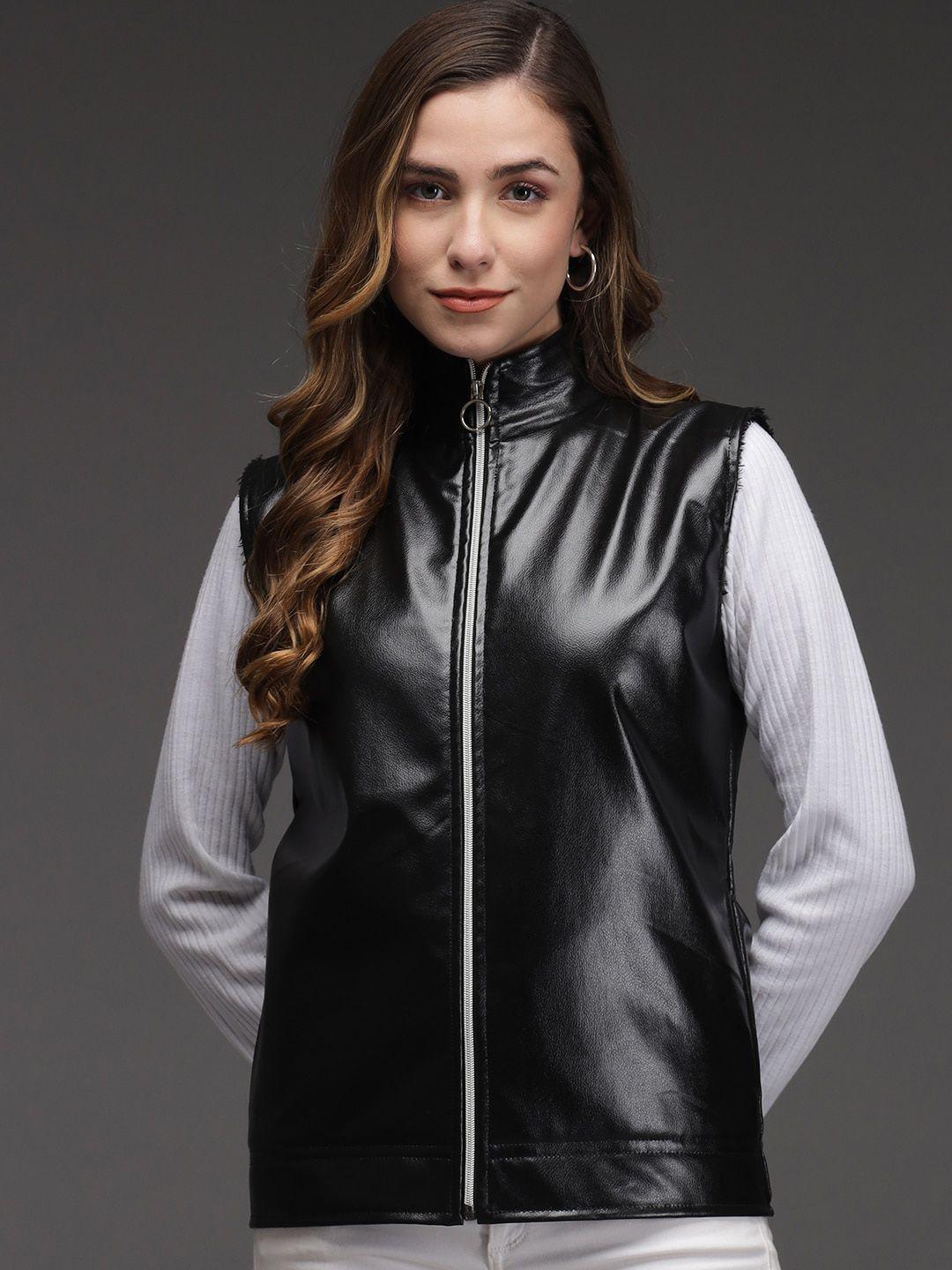 baesd women black geometric biker jacket