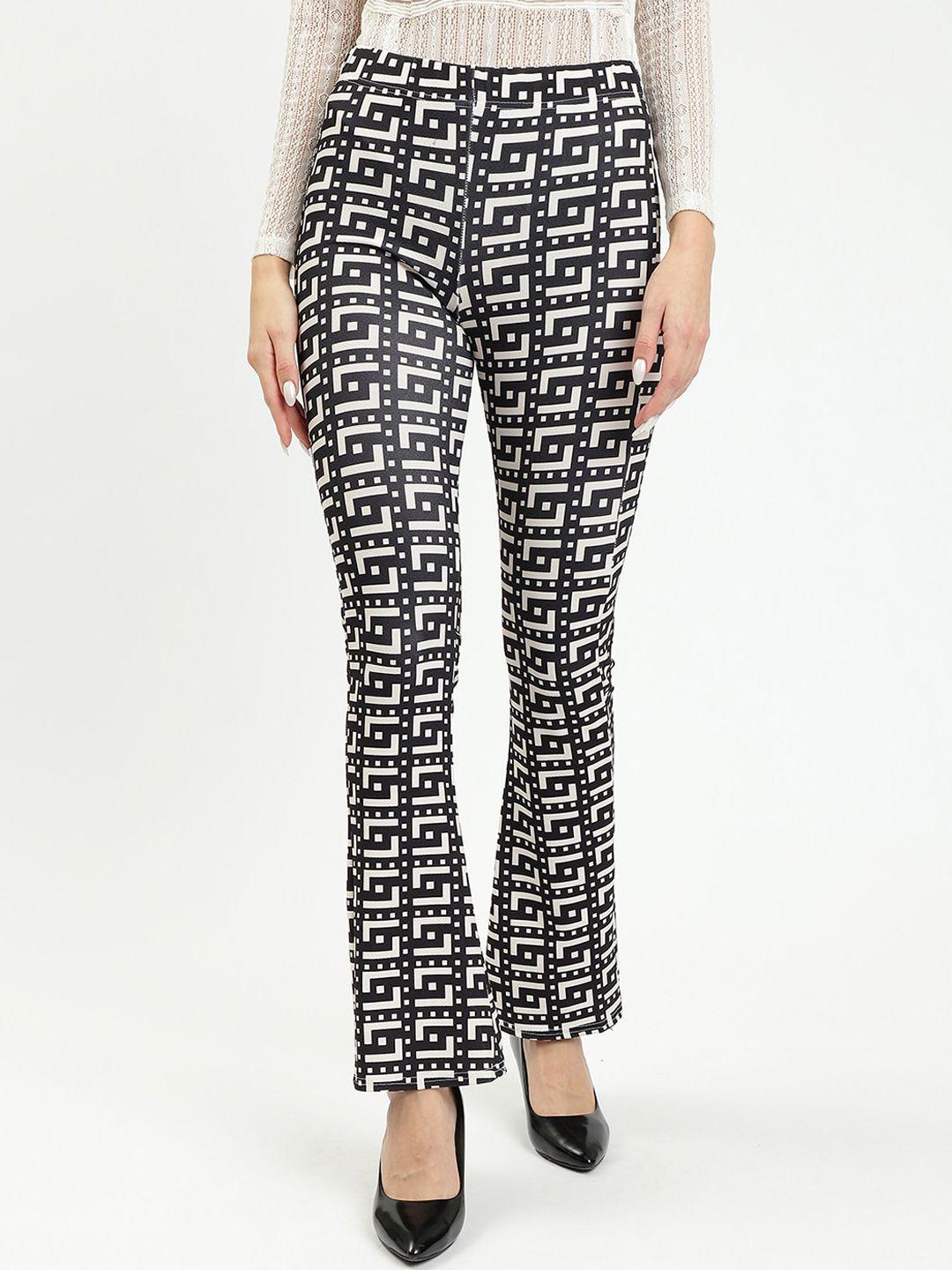 baesd women black printed slim fit wrinkle free trousers