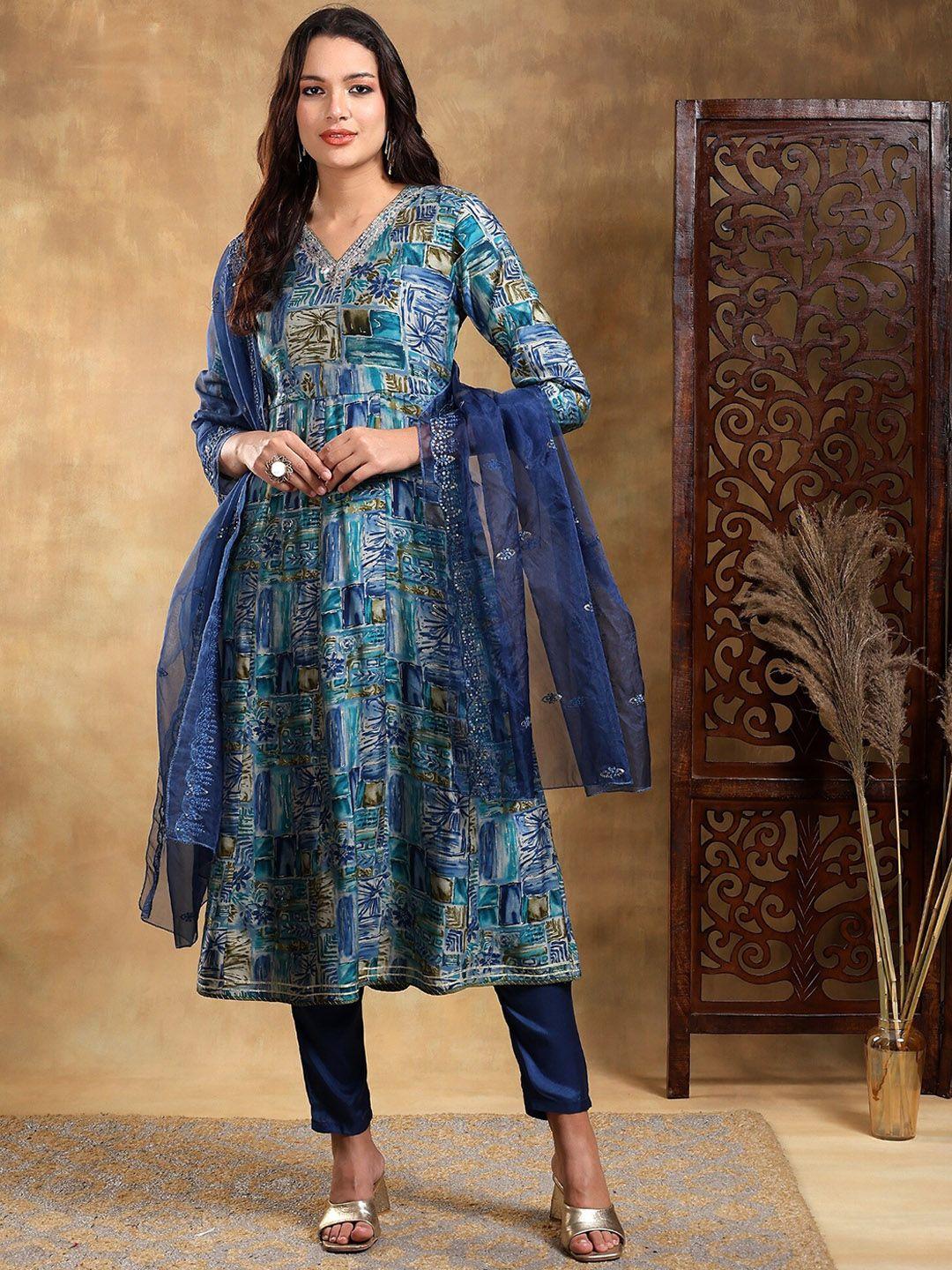 baesd women blue ethnic motifs embroidered regular kurta with trousers & with dupatta