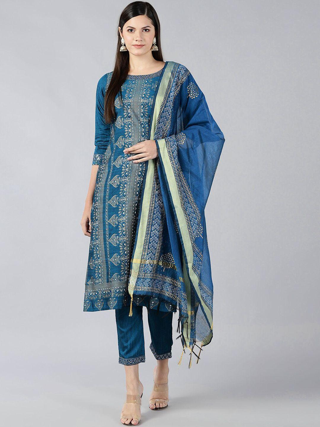 baesd women blue regular kurta with trousers & with dupatta