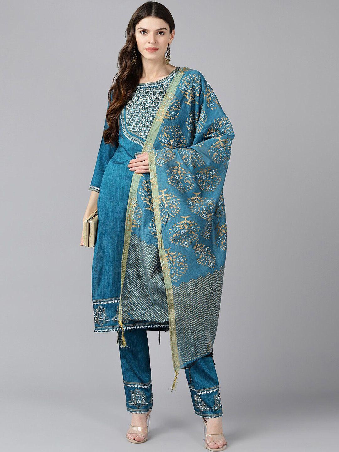 baesd women blue regular liva kurta with trousers & with dupatta
