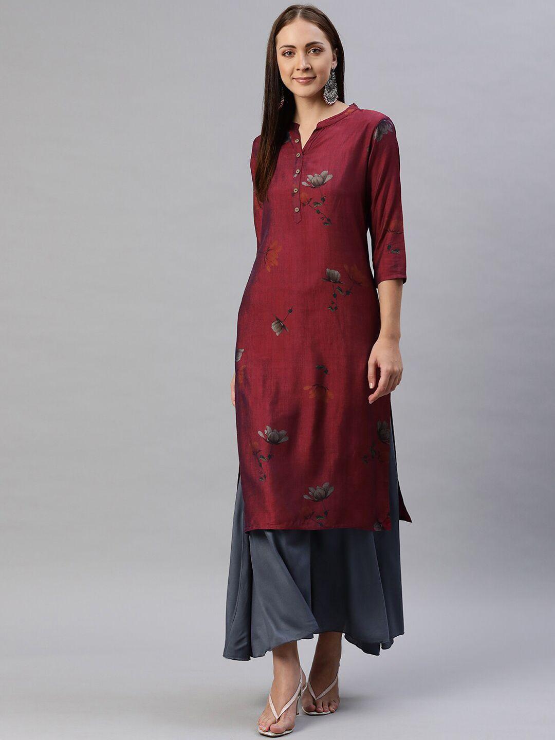 baesd women burgundy embroidered keyhole neck flared sleeves sequinned handloom kurta