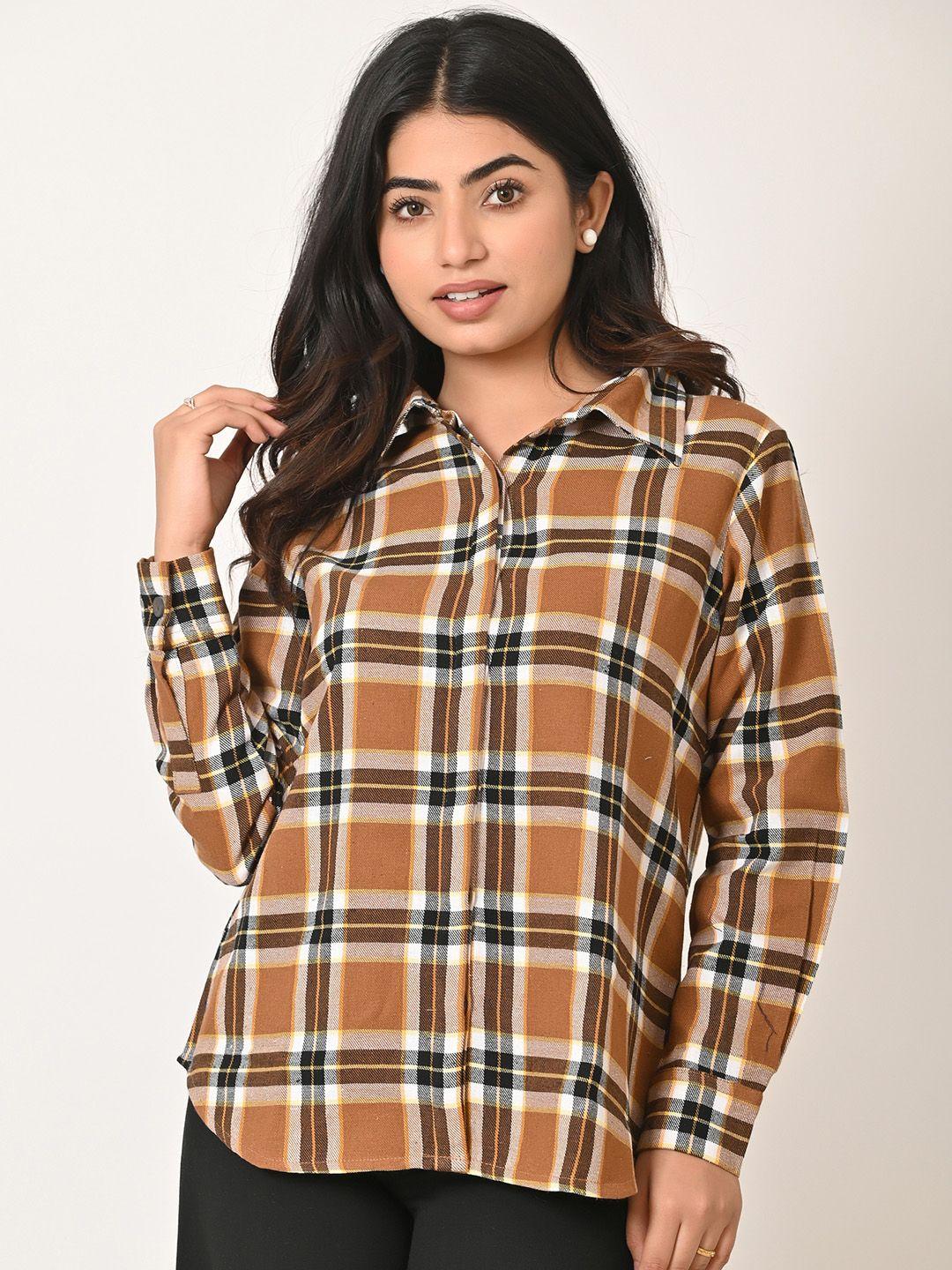 baesd women camel brown checked formal shirt