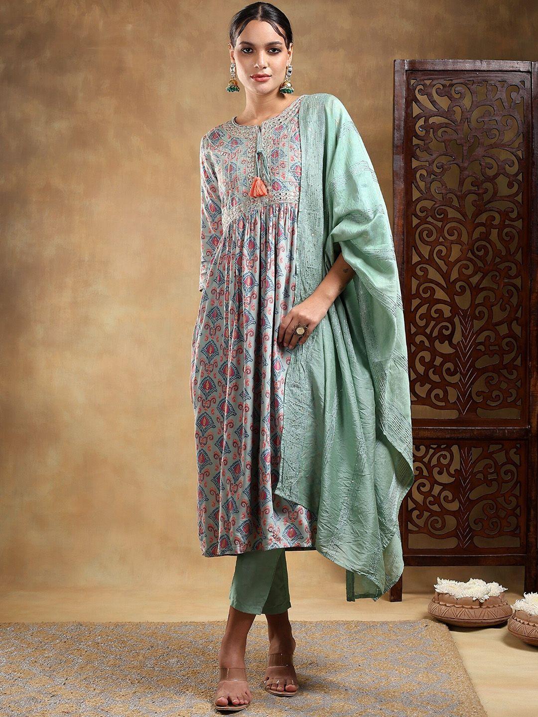 baesd women green ethnic motifs embroidered pleated kurta with trousers & with dupatta