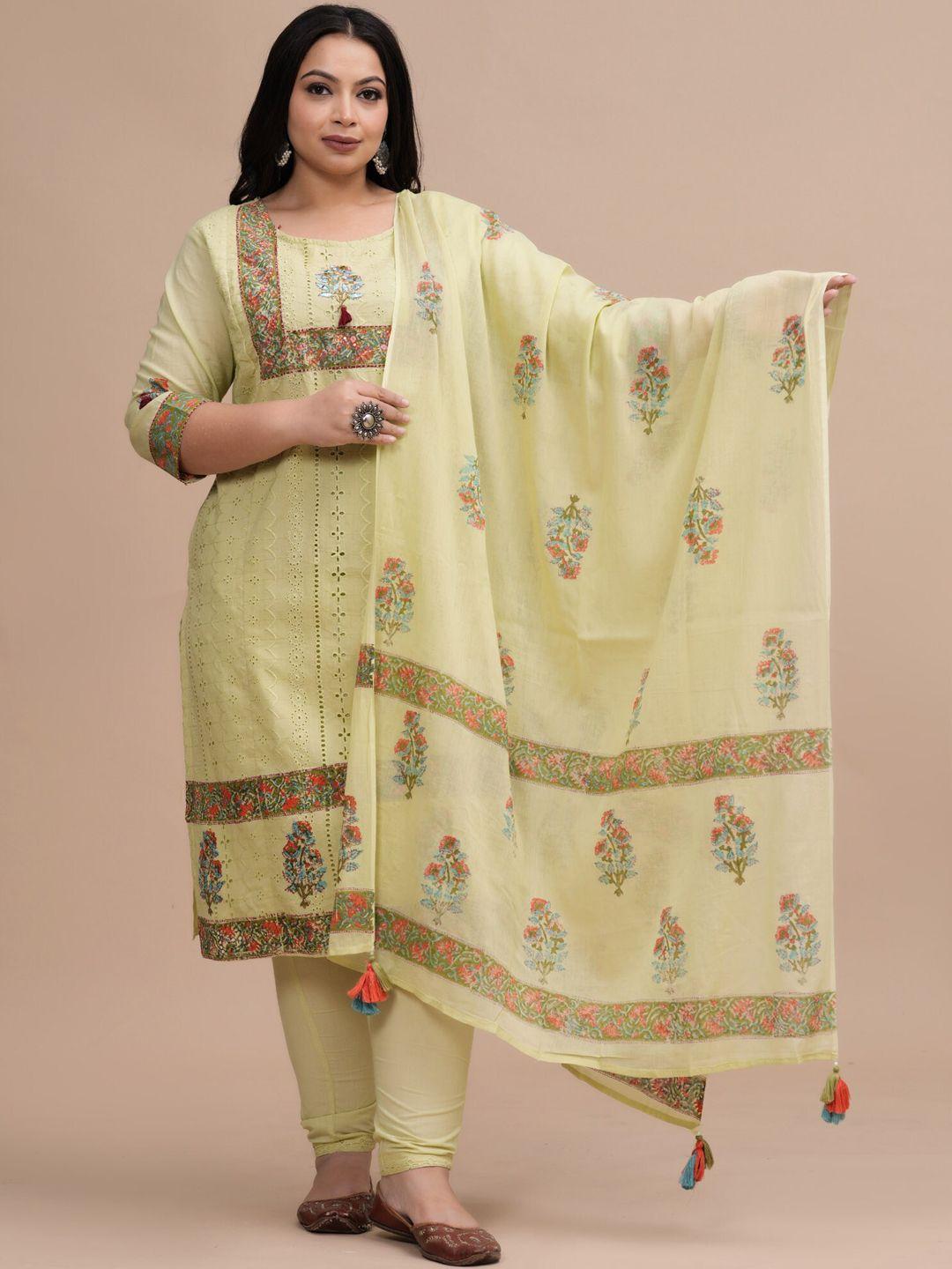 baesd women green ethnic motifs regular mirror work pure cotton kurta with trousers & with dupatta