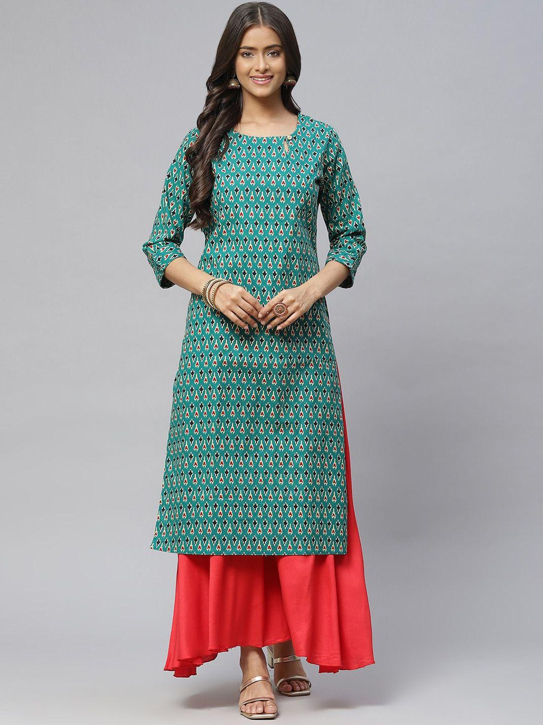 baesd women green geometric printed thread work handloom kurta