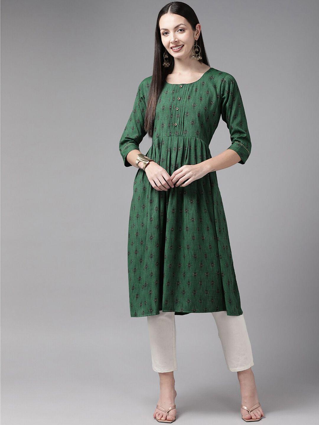 baesd women green geometric sequinned handloom anarkali kurta