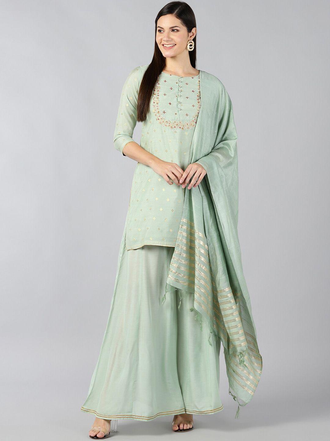 baesd women green regular chanderi cotton kurta with sharara & with dupatta