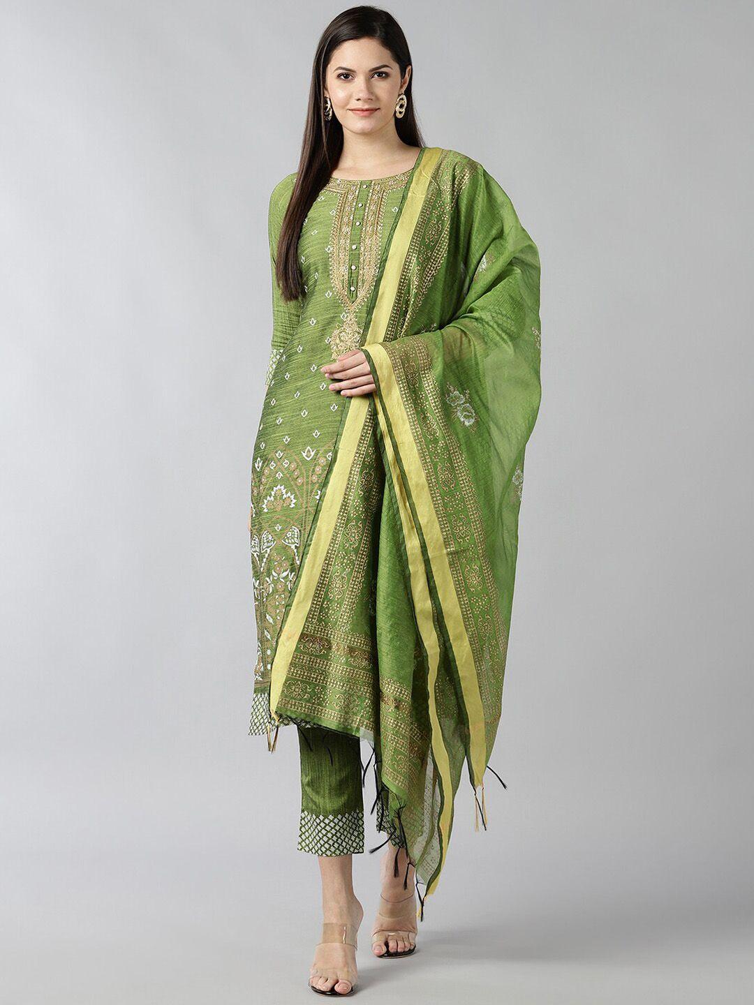 baesd women green regular kurta with trousers & with dupatta