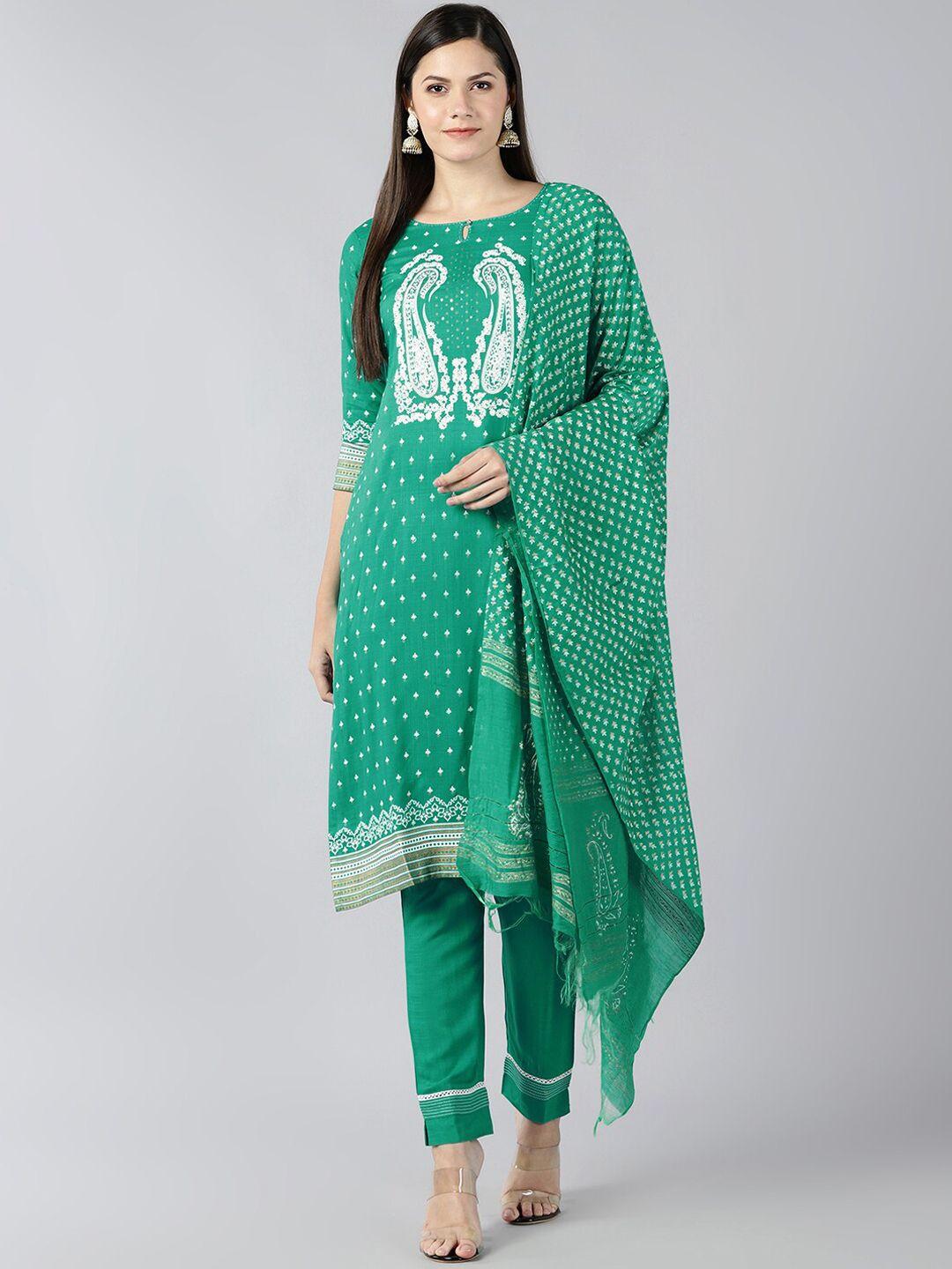 baesd women green regular liva kurta with trousers & with dupatta