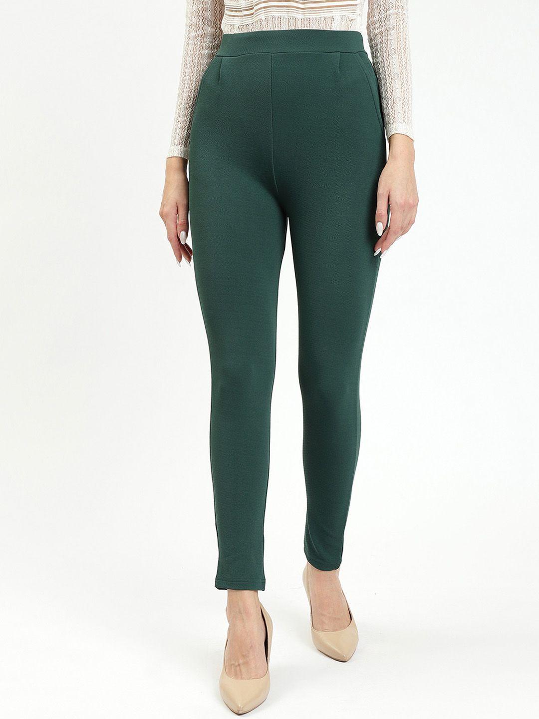 baesd women green slim fit wrinkle free trousers