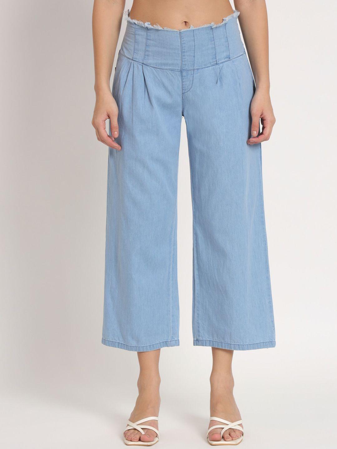 baesd women high-rise straight fit pleated denim culottes trousers