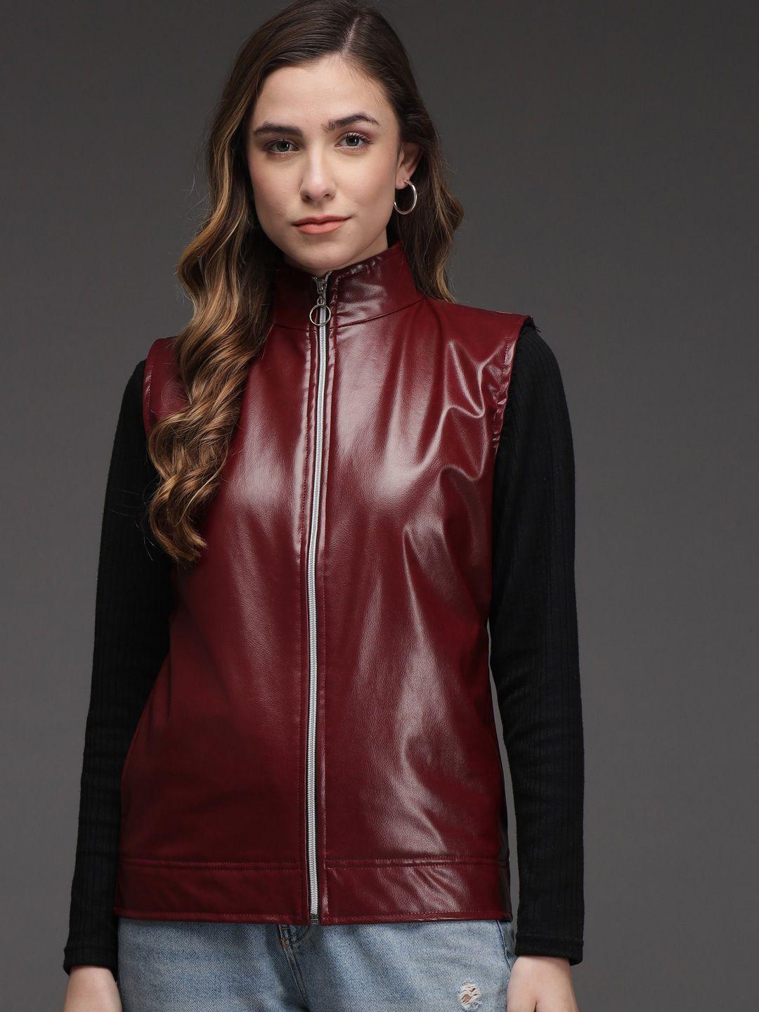 baesd women maroon biker jacket