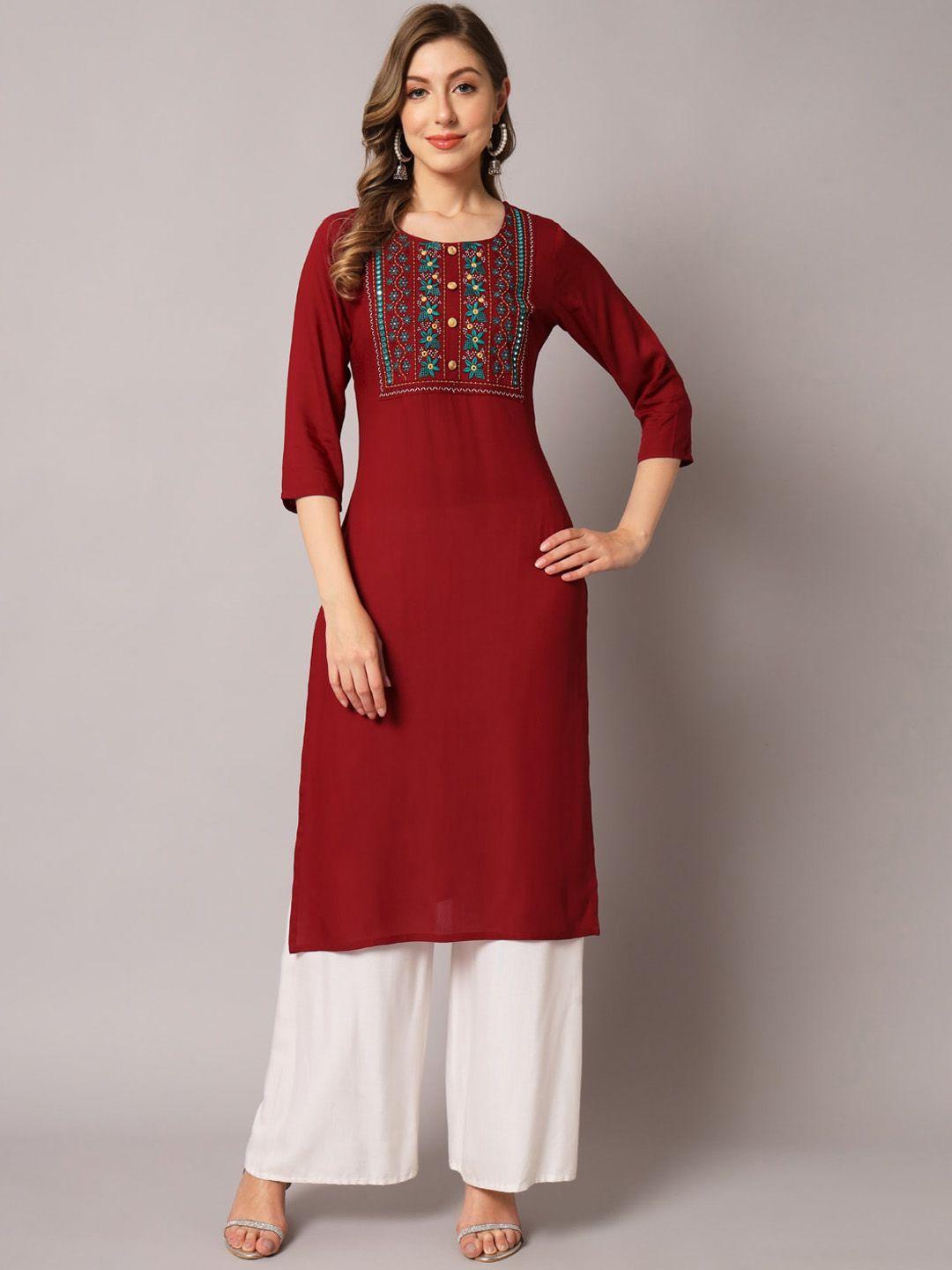 baesd women maroon embroidered mirror work kurta