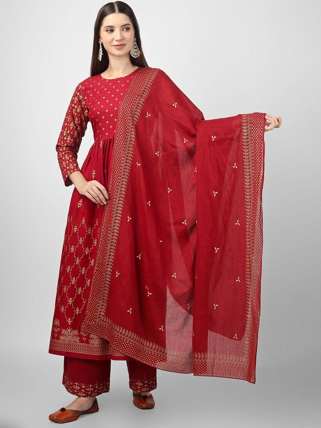 baesd women maroon floral printed pleated gotta patti kurta with palazzos & with dupatta